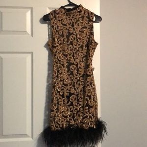 Sheer black and gold fur trimmed dress